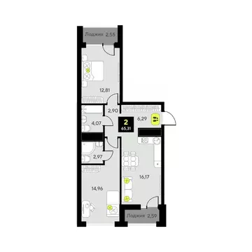 2-к кв. Тюменская область, Тюмень Мотивы жилой комплекс (65.31 м)