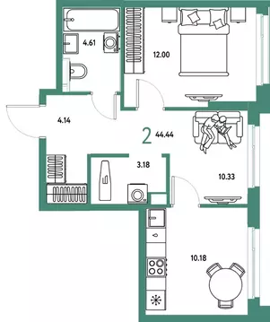 2-к кв. Тюменская область, Тюмень ул. 50 лет Октября, 61к1 (44.44 м)