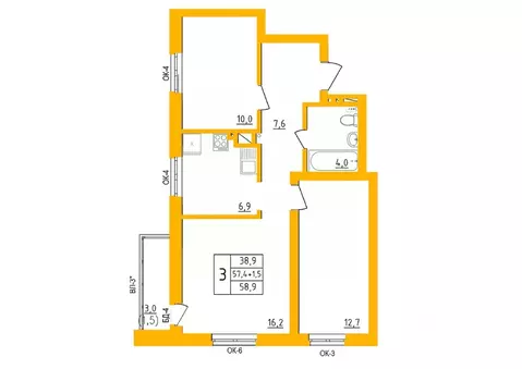 3-к кв. Башкортостан, Уфа Инорс-4Б мкр, Акварель жилой комплекс (58.5 ...