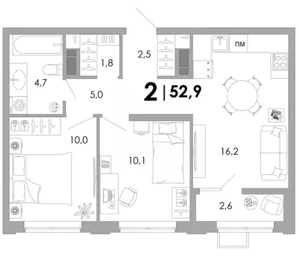2-к кв. Владимирская область, Владимир Уно жилой комплекс (52.9 м)