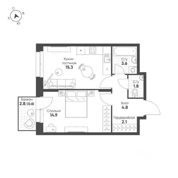1-к кв. Свердловская область, Екатеринбург Солнечный жилрайон,  (43.3 ...