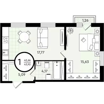 1-к кв. Тюменская область, Тюмень ул. Александра Звягина, 2 (43.92 м)