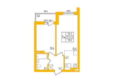1-к кв. Башкортостан, Уфа Инорс-4Б мкр, Акварель жилой комплекс (38.9 ...
