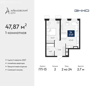 1-комнатная квартира: Тюмень, ЖК Айвазовский Сити (47.87 м)
