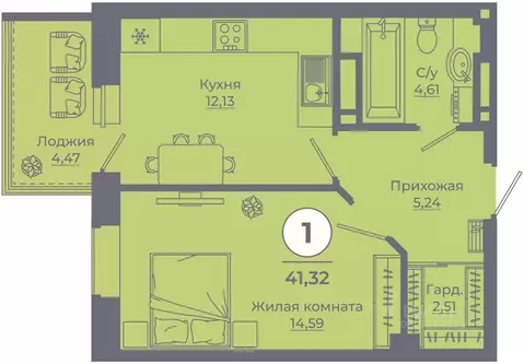 1-к кв. Ростовская область, Ростов-на-Дону ул. Еременко, 113 (41.02 м)