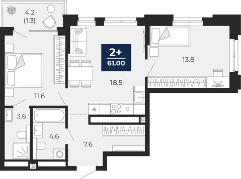 2-комнатная квартира: Тюмень, проезд Капитана Куликова, 5 (63.9 м)