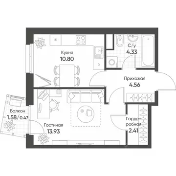 1-к кв. Татарстан, Казань Счастье в Казани жилой комплекс (36.5 м)