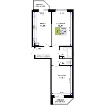 2-к кв. Адыгея, Майкоп  (59.61 м)