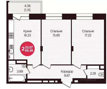 2-к кв. Чувашия, Чебоксары Фруктовая ул., поз1 (66.46 м)