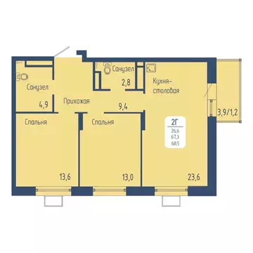 2-к кв. Красноярский край, Красноярск Свободный просп. (68.5 м)
