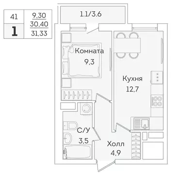 1-комнатная квартира: Мурино, Графская улица, 6к4 (30.4 м)