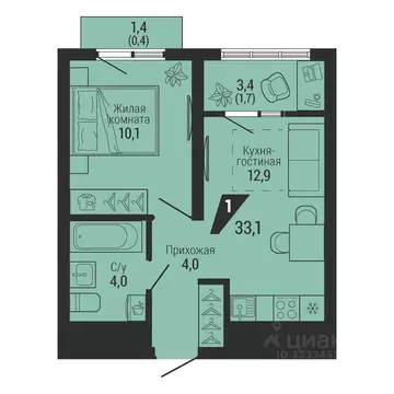 1-к кв. Свердловская область, Екатеринбург Вторчермет жилрайон,  (33.1 ...