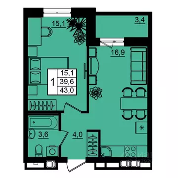 1-к кв. Волгоградская область, Волгоград Рубин жилой комплекс (43.0 м)