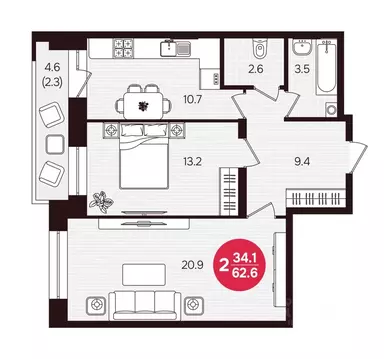 2-к кв. Чувашия, Новочебоксарск ул. 10-й Пятилетки, поз5 (62.6 м)