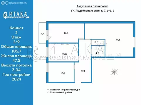 3-комнатная квартира: Санкт-Петербург, Лодейнопольская улица, 7 (105.7 ...