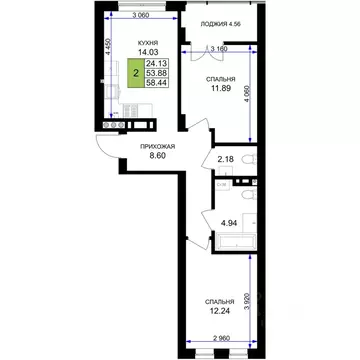 2-к кв. Калининградская область, Гурьевск Включи жилой комплекс (58.44 ...