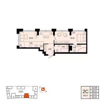 2-к кв. Башкортостан, Уфа Кузнецовский Затон мкр,  (52.01 м)