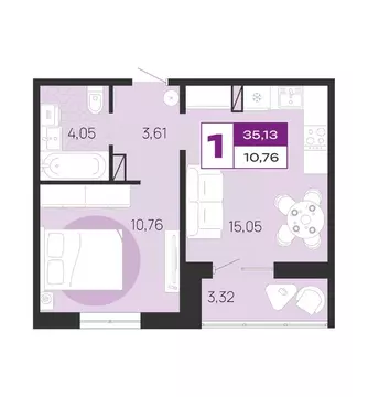 1-к кв. Брянская область, Брянск Медовый кв-л, поз7 (35.13 м)