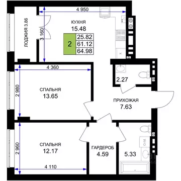 2-к кв. Калининградская область, Гурьевск Включи жилой комплекс (64.98 ...