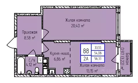 2-к кв. Удмуртия, Ижевск ул. Героя России Ильфата Закирова, 20А (56.33 ...