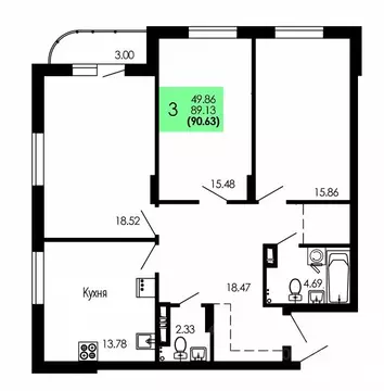 3-к кв. Воронежская область, Воронеж Оникс жилой комплекс (90.63 м)