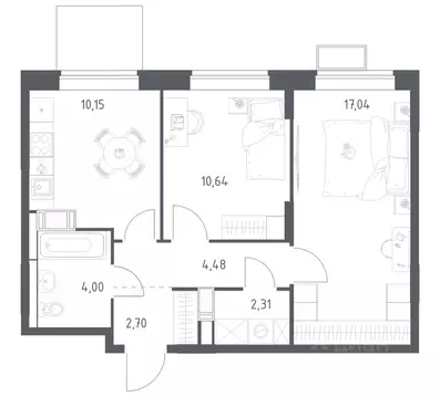 2-к кв. Москва № 108 кв-л, Алхимово жилой комплекс, 15 (50.4 м)
