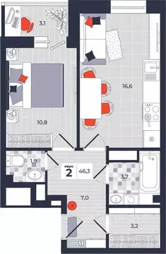 2-к кв. Тульская область, Тула ул. Академика Насоновой, 1А (46.3 м)