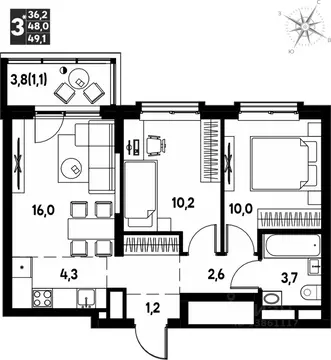 Студия Пермский край, д. Кондратово просп. Дягилева, 2 (49.1 м)