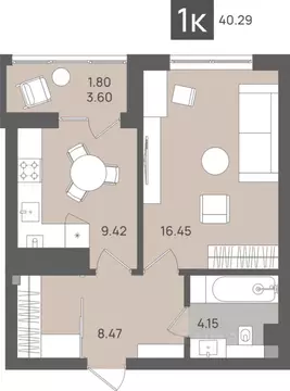 1-к кв. Калининградская область, Светлогорск Новая ул., 22к1 (40.29 м)