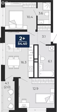 2-комнатная квартира: Тюмень, проезд Капитана Куликова, 3 (56.5 м)