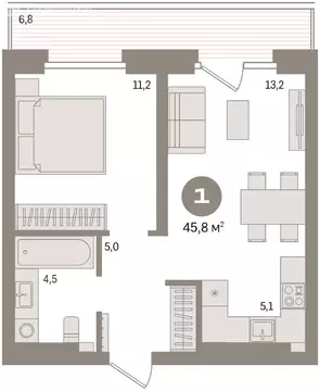 1-комнатная квартира: Тюмень, Причальная улица, 9 (45.6 м)