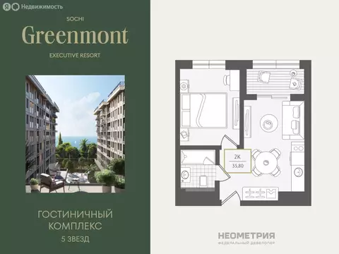 2-комнатная квартира: Сочи, улица Ленина, 280А (36.1 м)