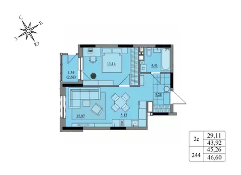 2-к кв. Удмуртия, Ижевск Краски Леса жилой комплекс (45.26 м)