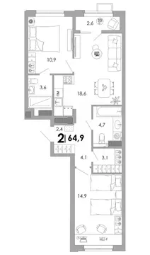 2-к кв. Владимирская область, Владимир Уно жилой комплекс (64.9 м)
