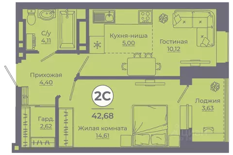 2-к кв. Ростовская область, Ростов-на-Дону ул. Еременко, 113 (42.38 м)
