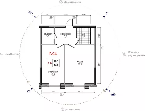 1-к кв. Калужская область, Обнинск ул. Усачева (49.3 м)