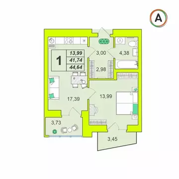 1-к кв. Калужская область, Калуга Зеленый жилой комплекс (44.64 м)