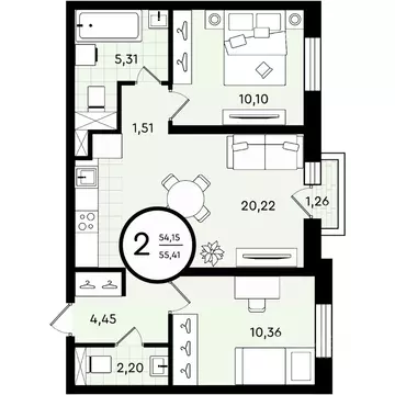 2-к кв. Тюменская область, Тюмень ул. Александра Звягина, 2 (55.41 м)