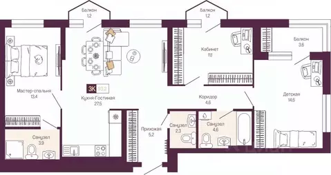 3-к кв. Нижегородская область, Нижний Новгород ул. Тургенева (89.8 м)