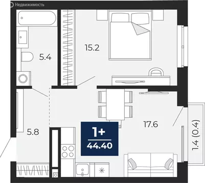 1-комнатная квартира: Тюмень, проезд Капитана Куликова, 5 (45.4 м)