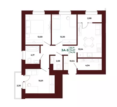 3-комнатная квартира: Пенза, ЖК Арбери (77 м)