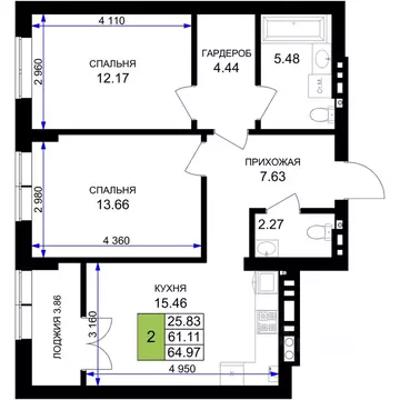 2-к кв. Калининградская область, Гурьевск Включи жилой комплекс (64.97 ...