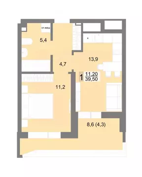 1-к кв. Свердловская область, Екатеринбург ул. Семена Лагоды, 80 (39.5 ...