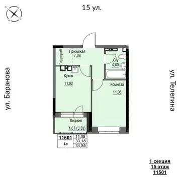 1-к кв. Удмуртия, Ижевск 15-я ул., 13 (34.85 м)