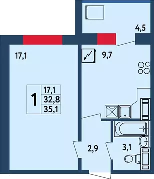 1-к кв. Башкортостан, Уфа ул. Генерала Кусимова, 18 (35.1 м)