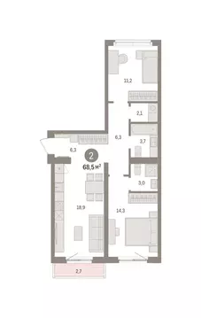 2-комнатная квартира: Екатеринбург, Торфяной переулок, 10 (68.5 м)