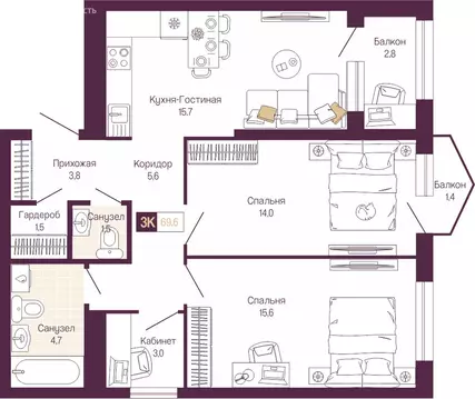 2-комнатная квартира: Нижний Новгород, Нижегородский район (67.2 м)
