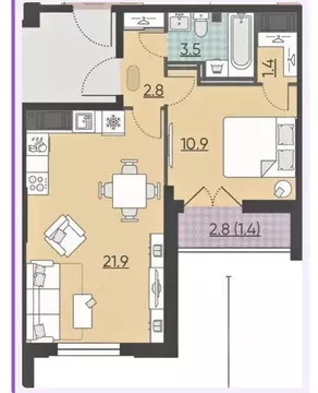 1-к кв. Санкт-Петербург Октябрьская наб., 40 (41.0 м)