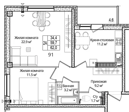 2-к кв. Псковская область, Псковский район, Завеличенская волость, д. ...
