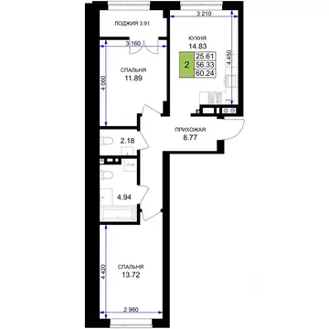 2-к кв. Калининградская область, Гурьевск Включи жилой комплекс (60.24 ...